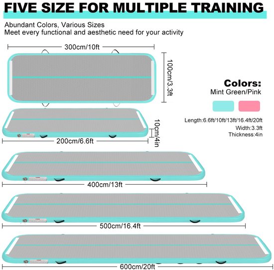 Opblaasbare turnmat, 2 m/3 m/4 m/5 m/6 m, 10 cm hoog, luchttrainingsmat met luchtpomp, voor familiegebruik, yoga, water, dans, 2 m, blauw-1 — afbeelding 2