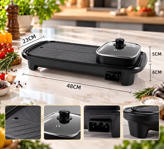 HAVOONA 2-in-1 Elektrische Tafelgrill met Hotpot – 1300W – 5 Temperatuurstanden – Grillplaat met Antiaanbaklaag – Glazen Deksel – Ideaal voor Gezellig Gourmetten — afbeelding 3