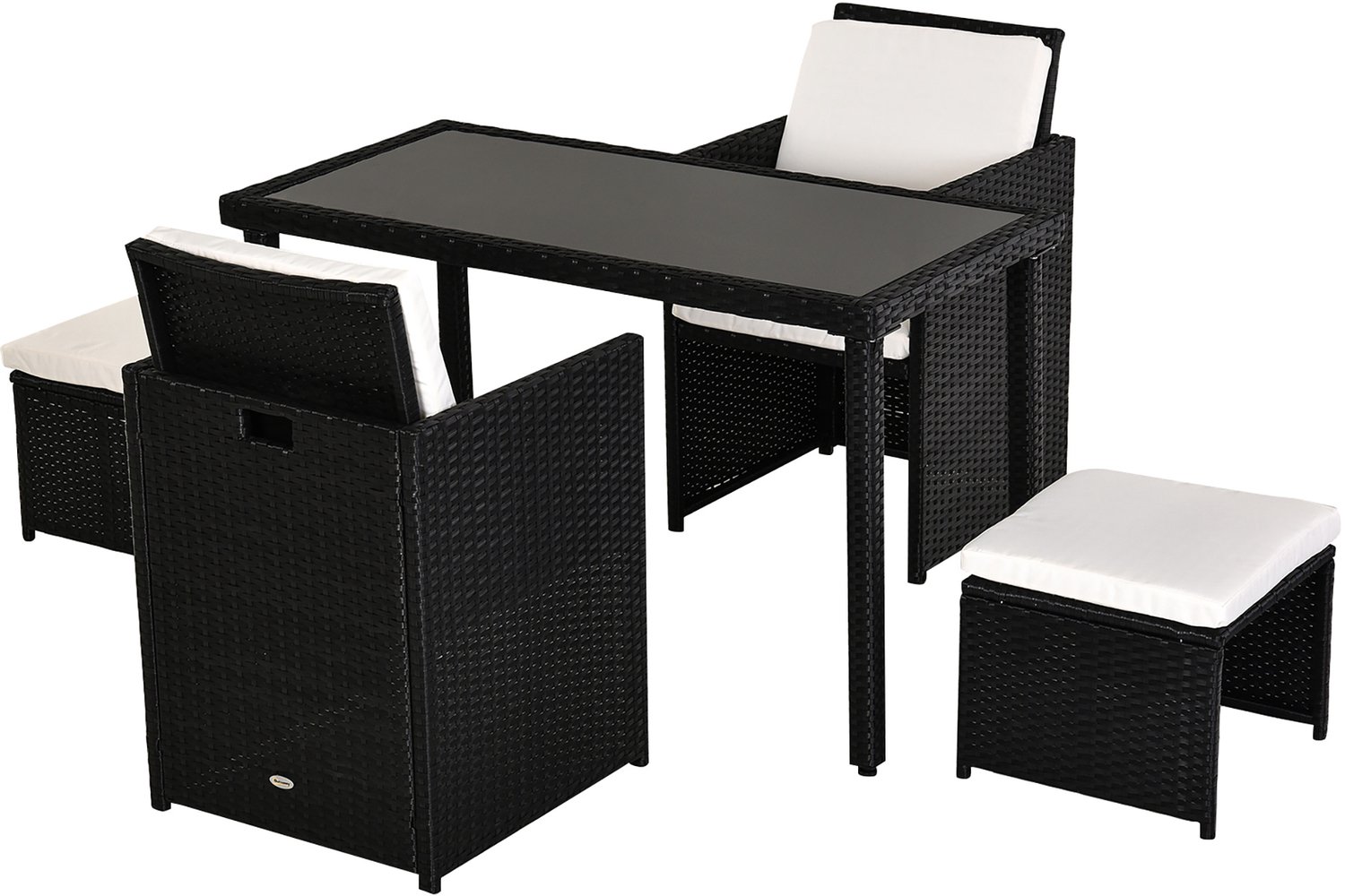 Tuinmeubelset, metalen frame, tuintafel met 2 stoelen en 2 krukjes, praktisch en decoratief, geschikt voor tuin, balkon en terras, voor buitengebruik, tafel 120×60×75 cm, stoelen 52×56×87 cm, krukjes 41×41×31 cm, zwart en beige