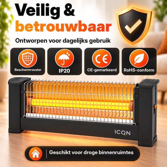 Zwarte 900W infraroodkachel met beschermrooster, IP20 gecertificeerd, veilig voor droge ruimtes.