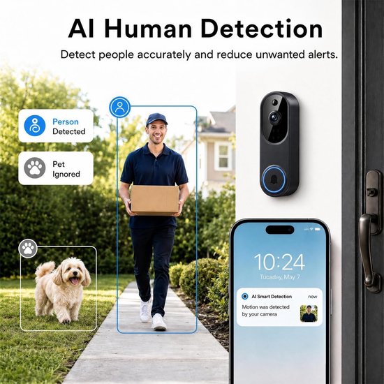 Draadloze Deurbel met Camera - HD Nachtzicht - Intercom - Zwart — afbeelding 5