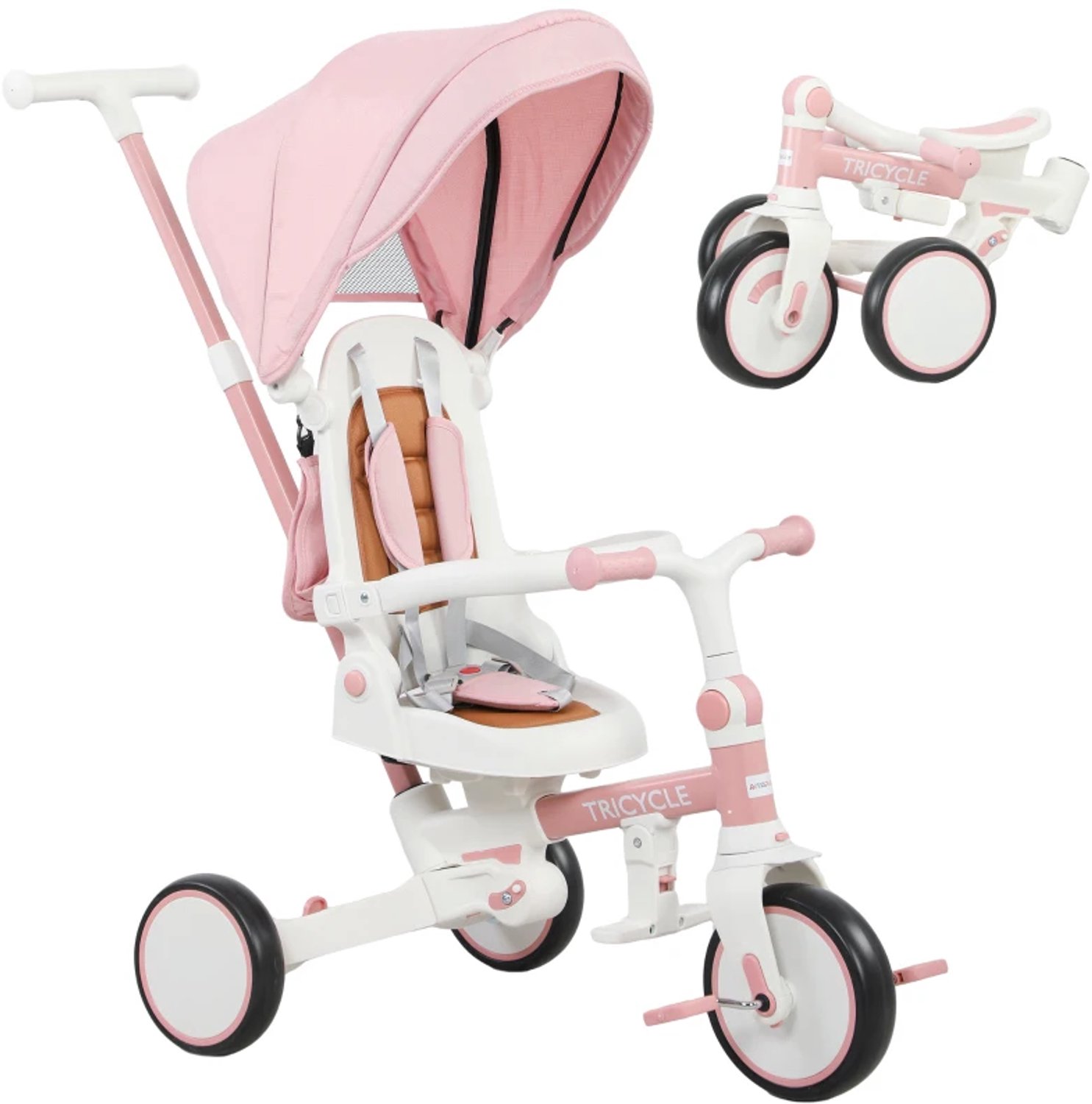 5-in-1 kinderdriewieler - Converteerbare kinderwagen - Afneembaar duwhandvat - Verstelbare veiligheidsgordel - Opbergtas - Voor kinderen van 1 tot 3 jaar - Roze