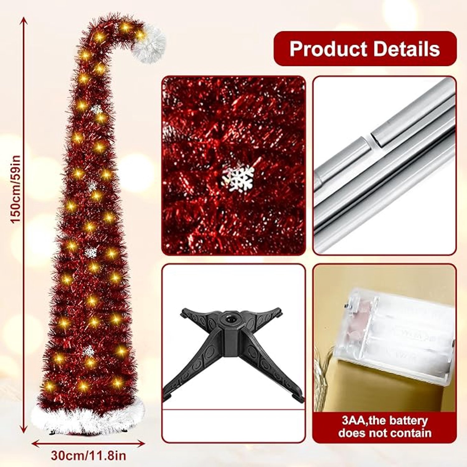 MSBHandel Opvouwbare Kunstkerstboom 150 cm met Verlichting - Pop-up Smalle Kerstboom met 50 LED's en Sterpunt PVC Lametta Potloodkerstboom Kerstdecoratie voor Thuis en Kantoor Rood – foto 6