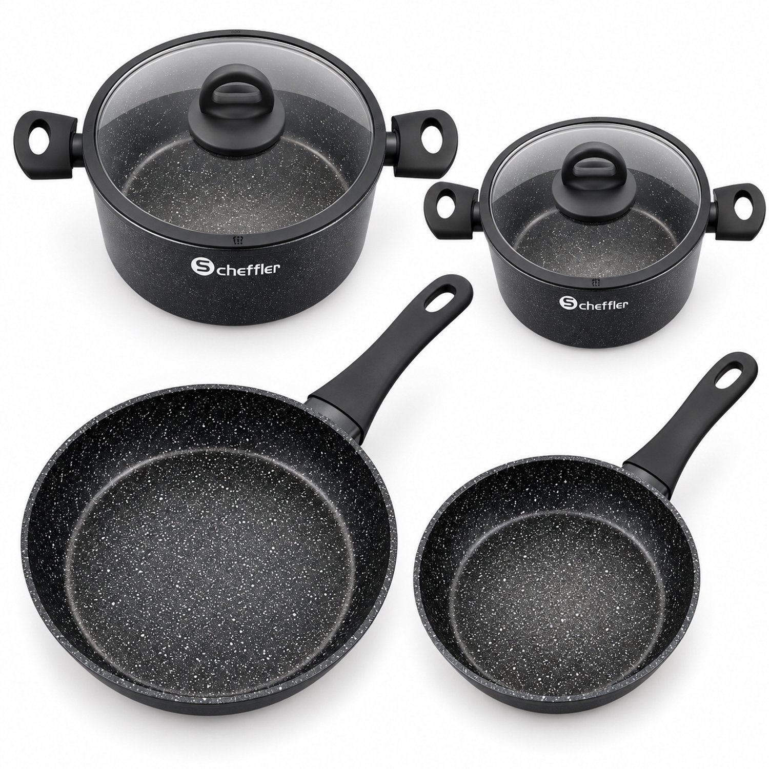 Scheffler 6-delige Pannenset – 2 Kookpannen met Deksel (4,4L en 6,5L) – 2 Koekenpannen (24 en 28 cm) – Greblon C2 Anti-aanbaklaag – Zwart