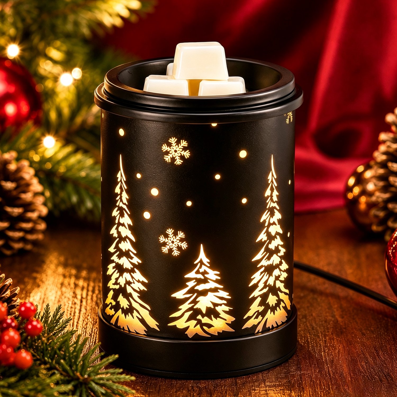Elektrische Wax Melt Warmer - Zwarte Metalen Geurbrander met Kerstboom en Sneeuwvlok Design - Warm LED Licht - Voor Wax Melts, Geurolie en Geurkaarsen