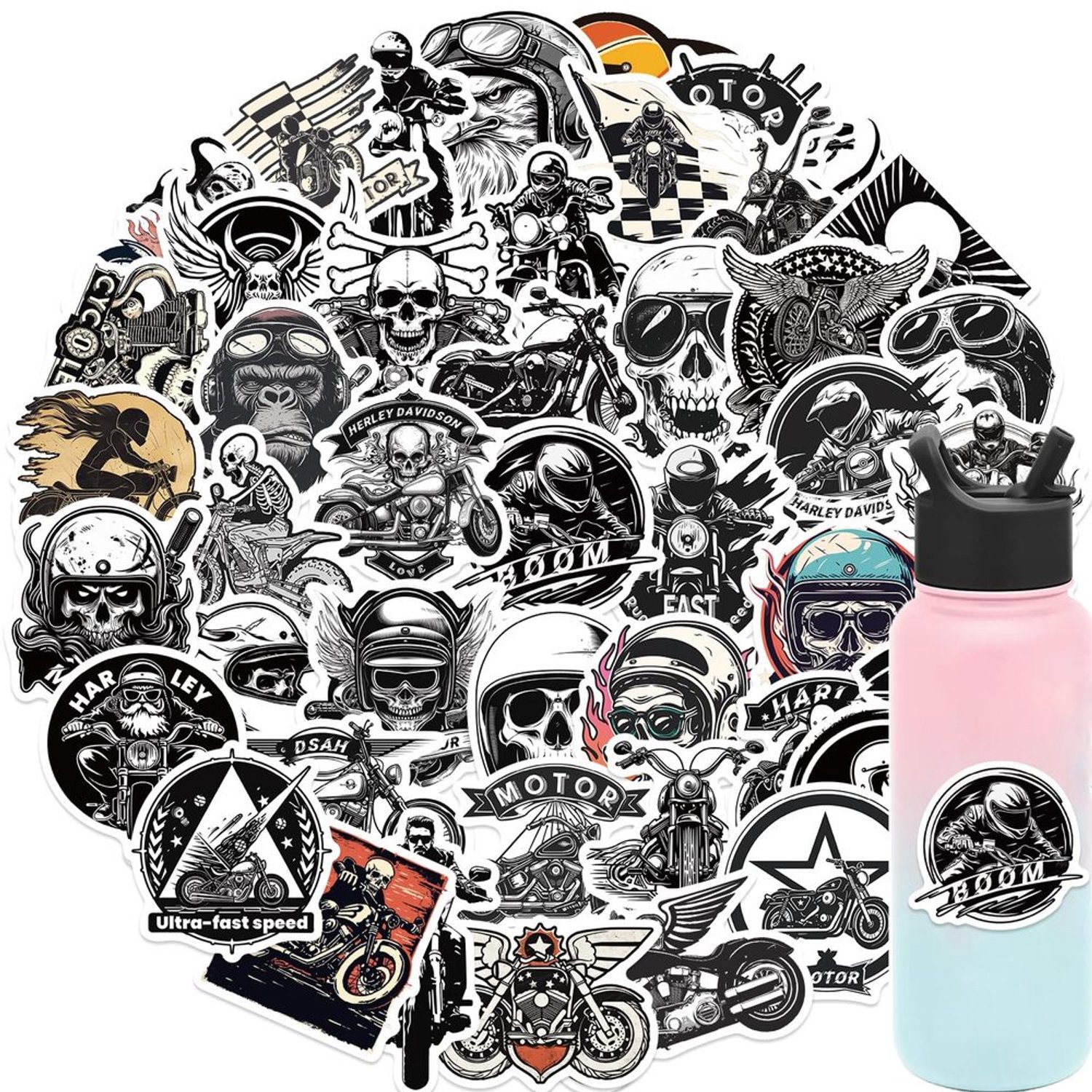 Set van 50 Retro Motorfiets Stickers voor Waterfles en Laptop