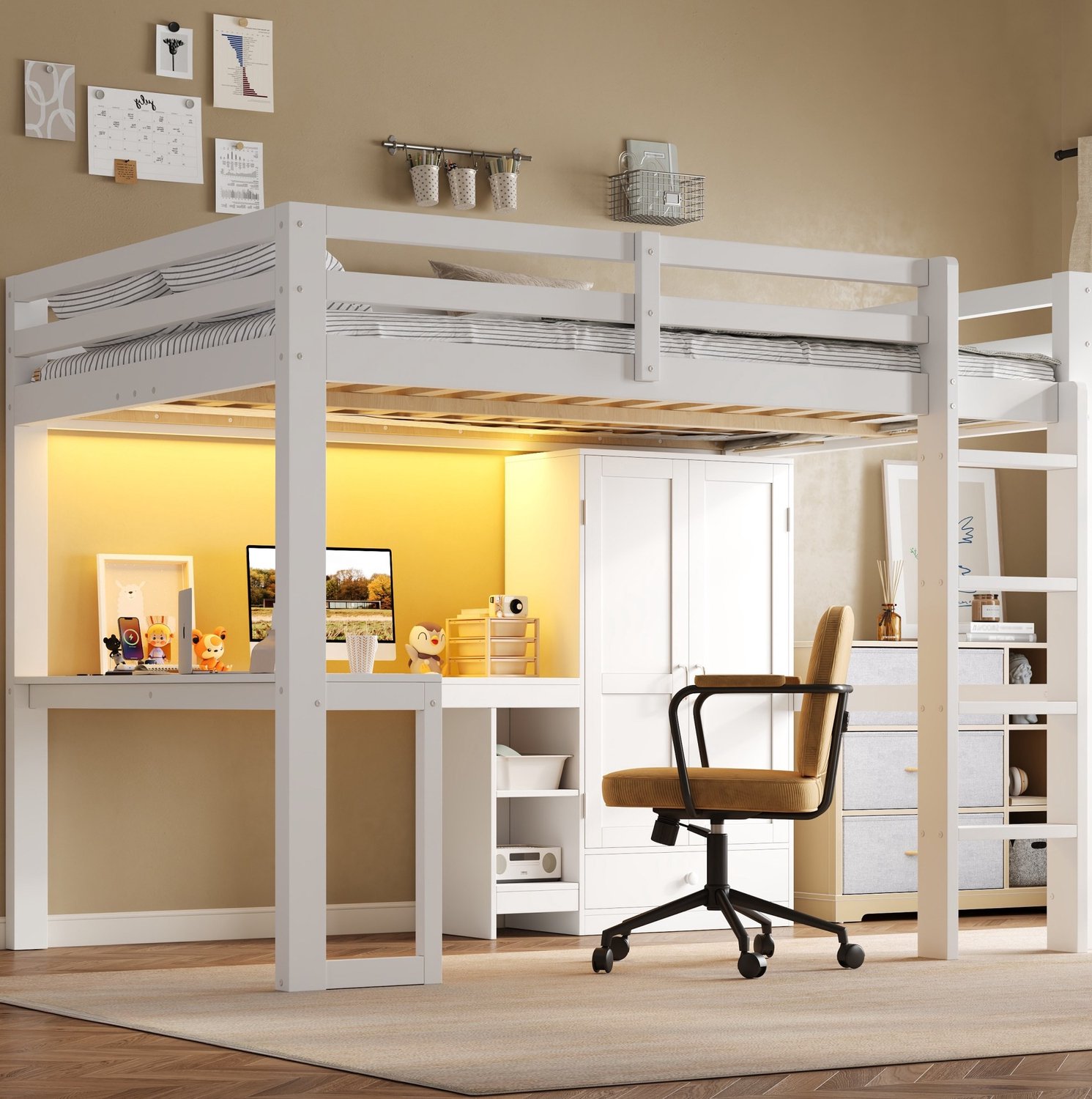 WUVRIE Hoogslaper 140x200 cm - Bureau, kledingkast, USB en LED-verlichting - Wit