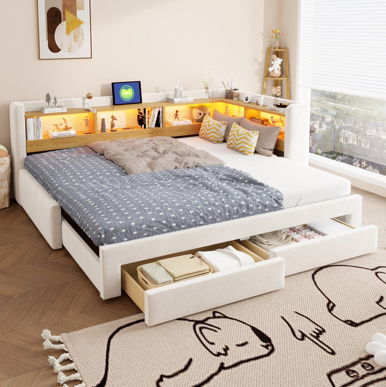 WUVRIE Slaapbank 90x200 cm - Uittrekbaar tot 180x200 cm met opbergruimte, LED en stopcontact - Beige