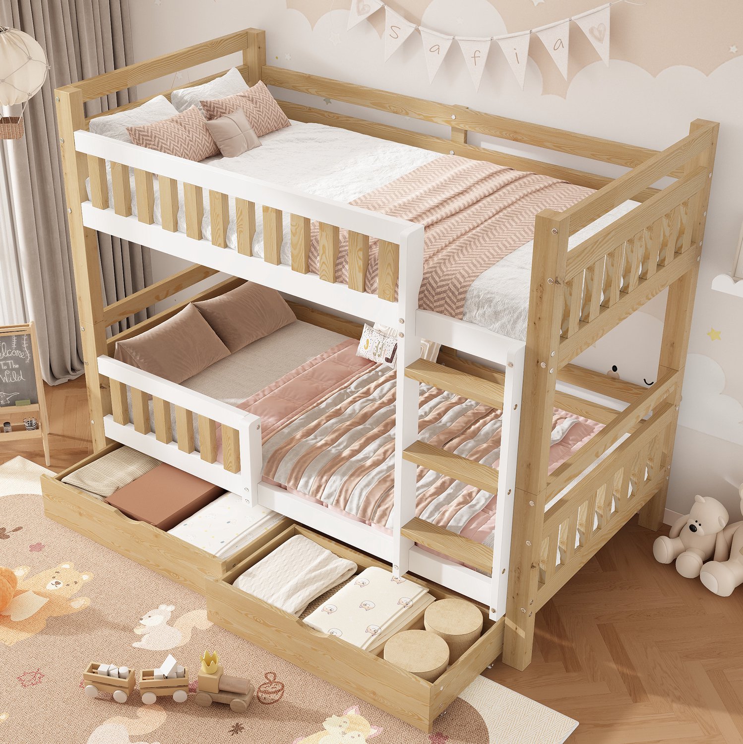 WUVRIE Stapelbed 90x200 cm - Deelbaar in 2 eenpersoonsbedden met 2 lades - Wit/naturel