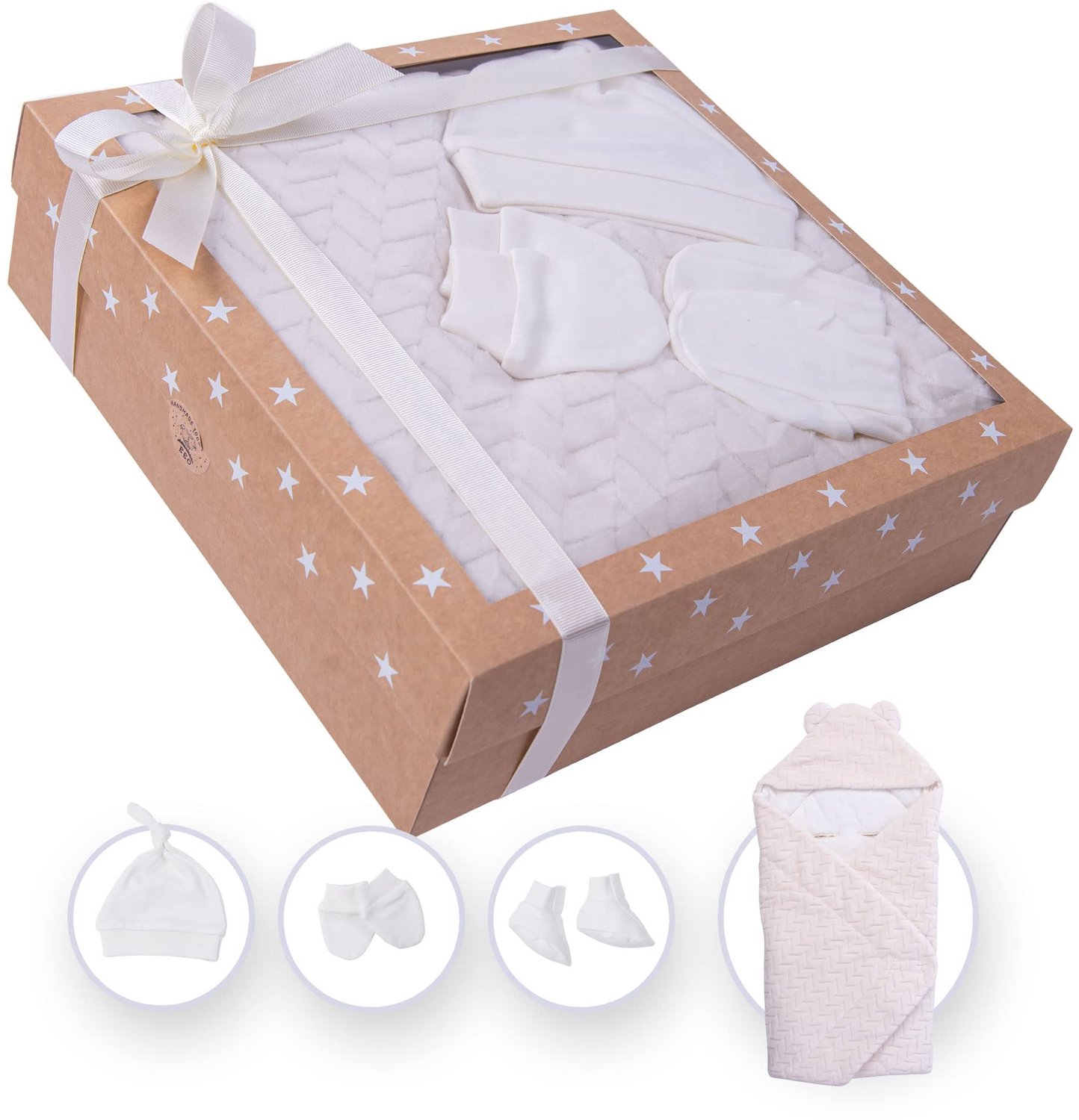 Geboorte Cadeauset: Wikkeldeken, Muts, Krabwantjes en Sokken in Beige