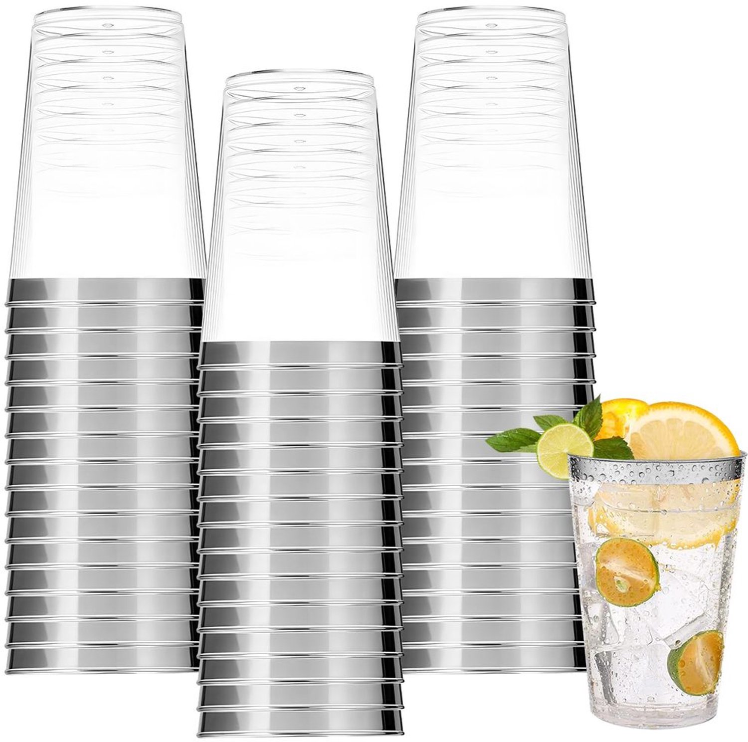 Set van 60 Herbruikbare Plastic Bekers 300 ml met Zilveren Rand