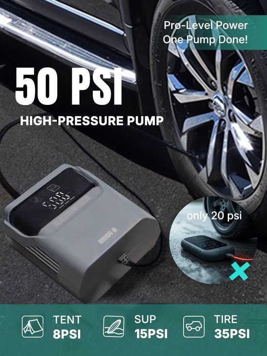 Elektrische pomp met extra lange oplaadkabel van 3 m, 50 psi autobandenpomp met tas, elektrische peddelpomp voor opblazen en legen, elektrische luchtpomp voor SUP, matras — afbeelding 2