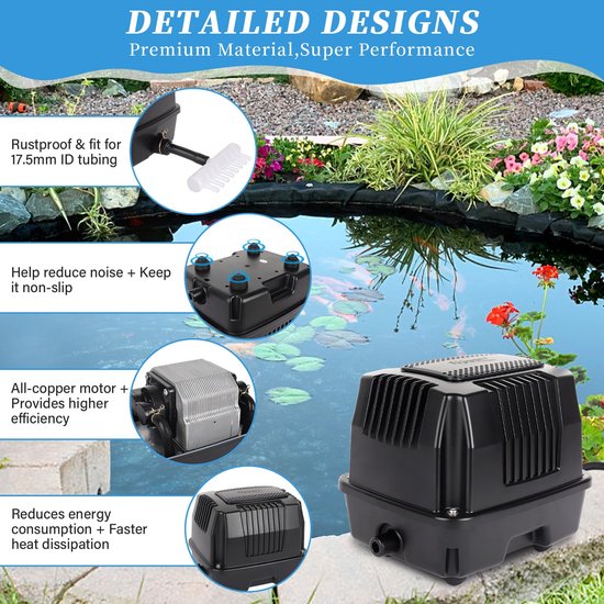Luchtpomp voor vijvers, 25 W Fish Pond Air Pomp, zeer stille pond oxygenator met conversieconnector, grote vijverluchtpompen voor visjachten, visboerderij en hydrocultuur — afbeelding 4
