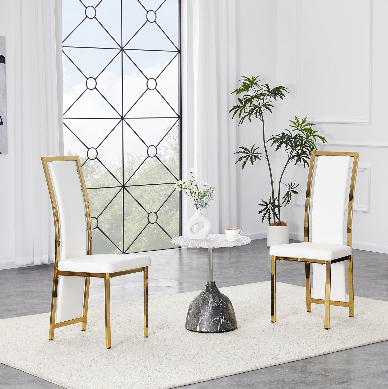 MODFU Eetkamerstoel Set Van 2 - Hoge Rugleuning - Wit Kunstleer - Goud Metaal - 109 Cm