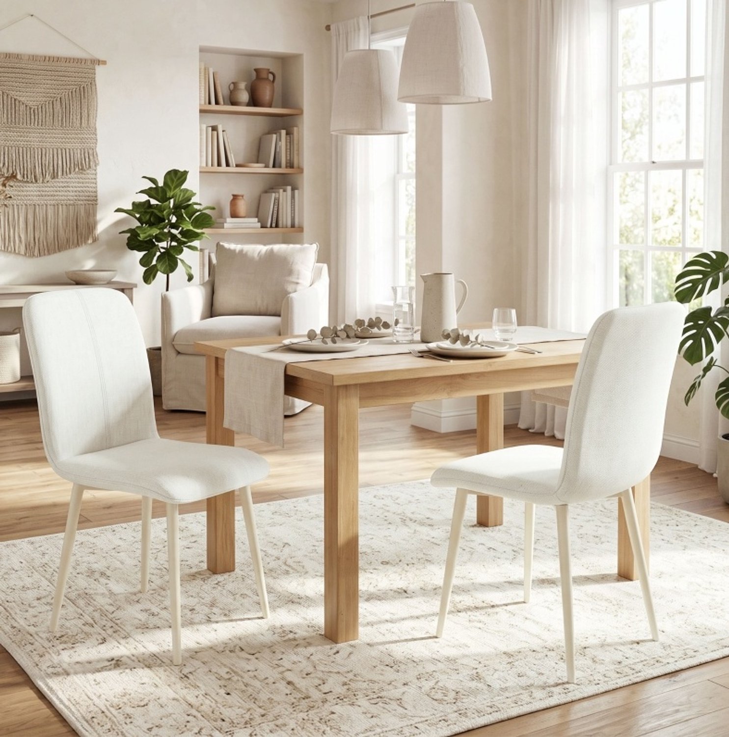 MODFU Eetkamerstoelen Set Van 2 - Gestoffeerd - Hoge Rugleuning - Crème - Metaal Wit
