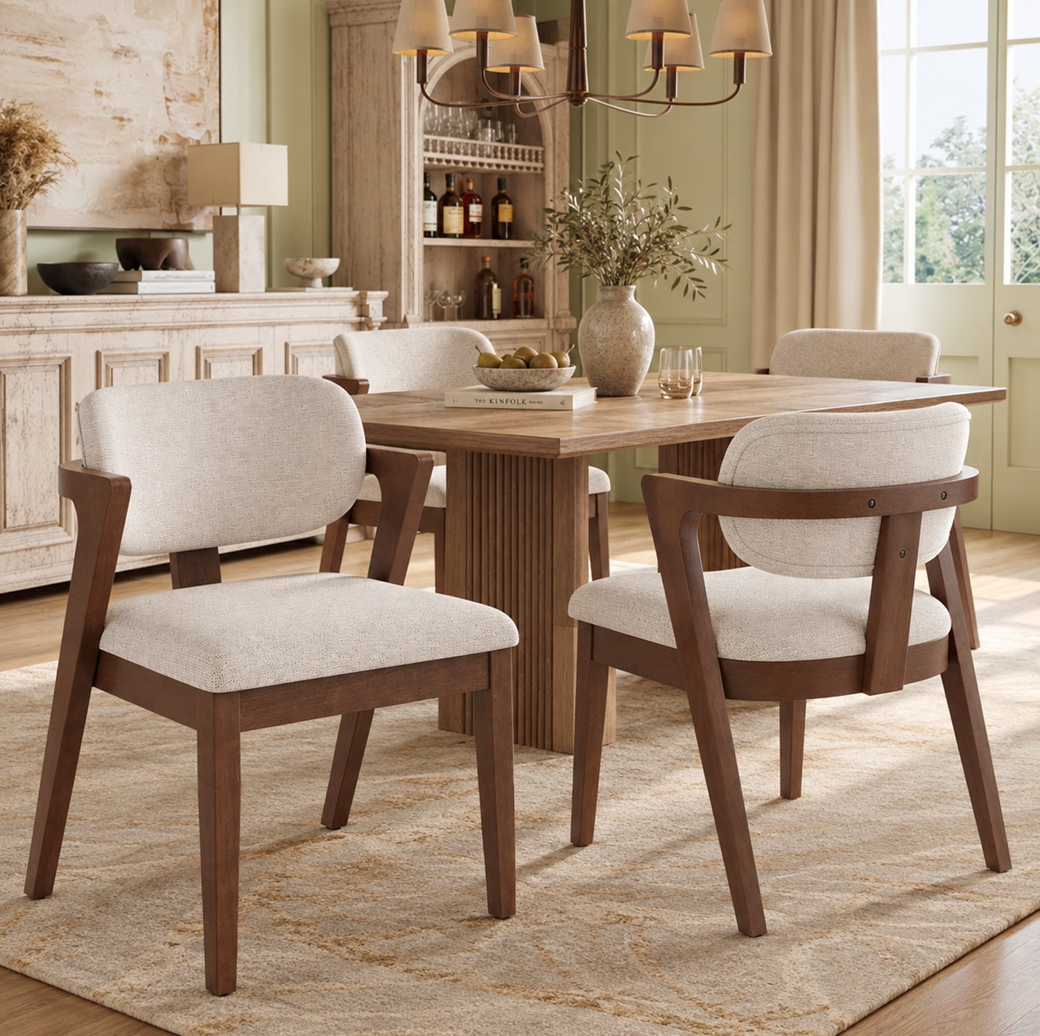 STILVORA Eetkamerstoelen Set Van 2 - Met Armleuningen En Zachte Stoffen Bekleding - Voor Eetkamer, Woonkamer En Café - Hout Walnoot Beige Walnootkleur