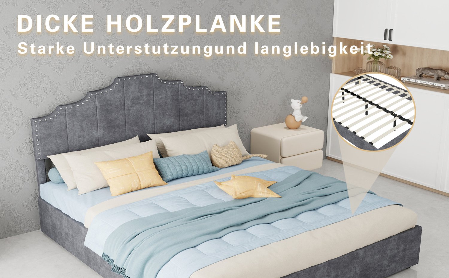 WUVRIE Opbergbed 160x200 cm - Gestoffeerd hoofdbord, lattenbodem en gasveren - Grijs