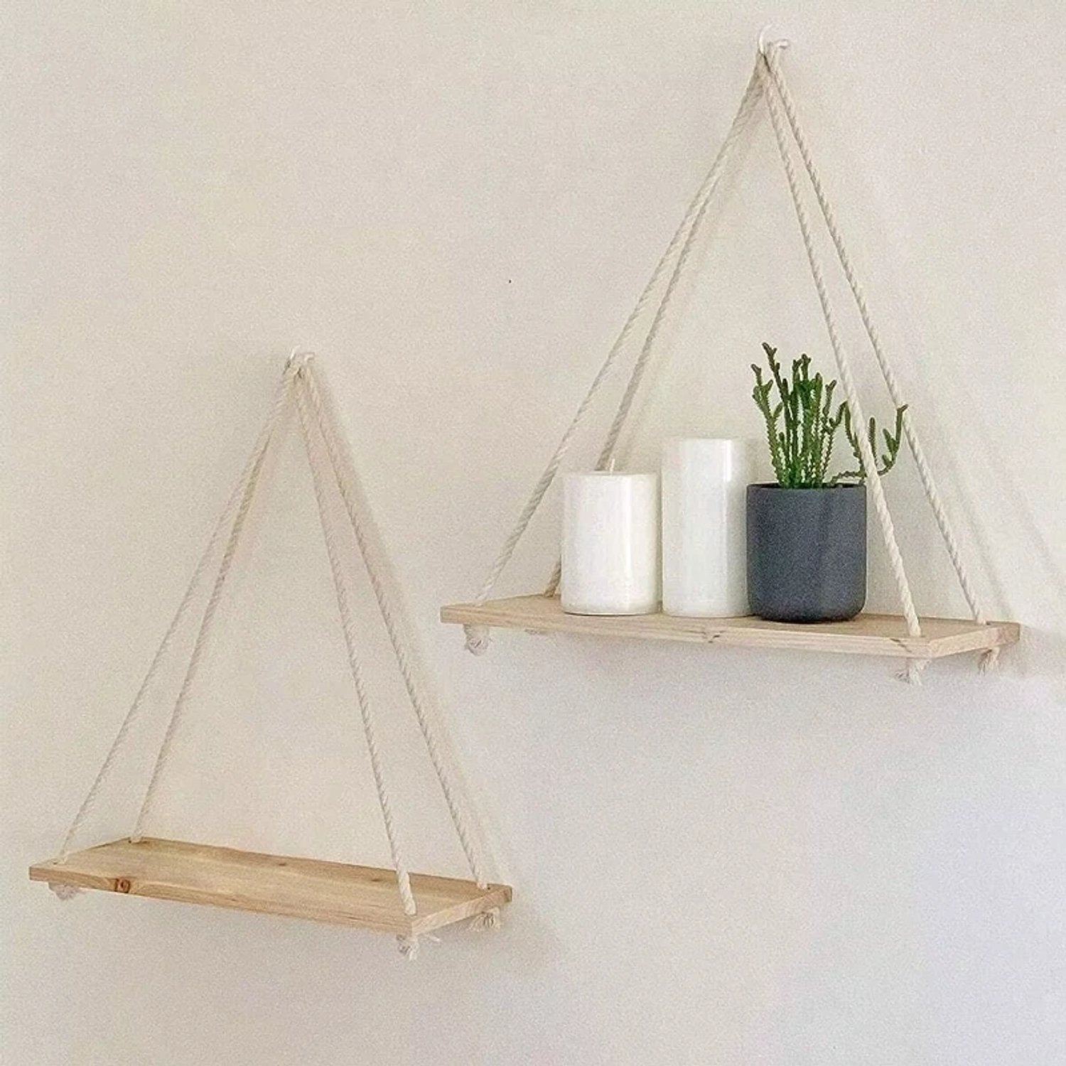 Happiq Schommelplank - Voor Woonkamer en Tuin - Zwevende Opbergruimte - Hout en Beige Henneptouw