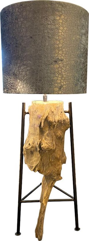 Houten lamp op metalen voet Dean Teak - Met stoere lampenkap - Bruin-zwart | bol.com