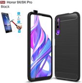 Huawei Honor 9X Carbone Brushed Tpu Zwart Cover Case Hoesje - 1 x Tempered Glass Screenprotector