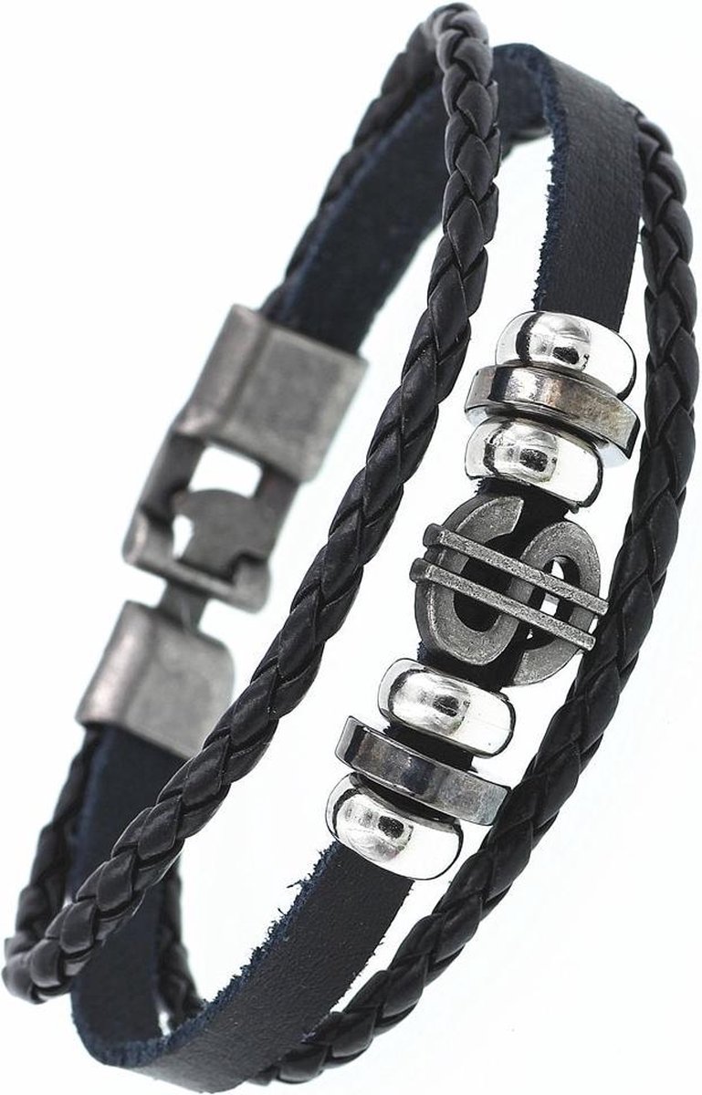 Stoere Heren Armband Leer - Dollar met Metalen Accenten - Armbanden - Papa Cadeau Voor Mannen - Vaderdag