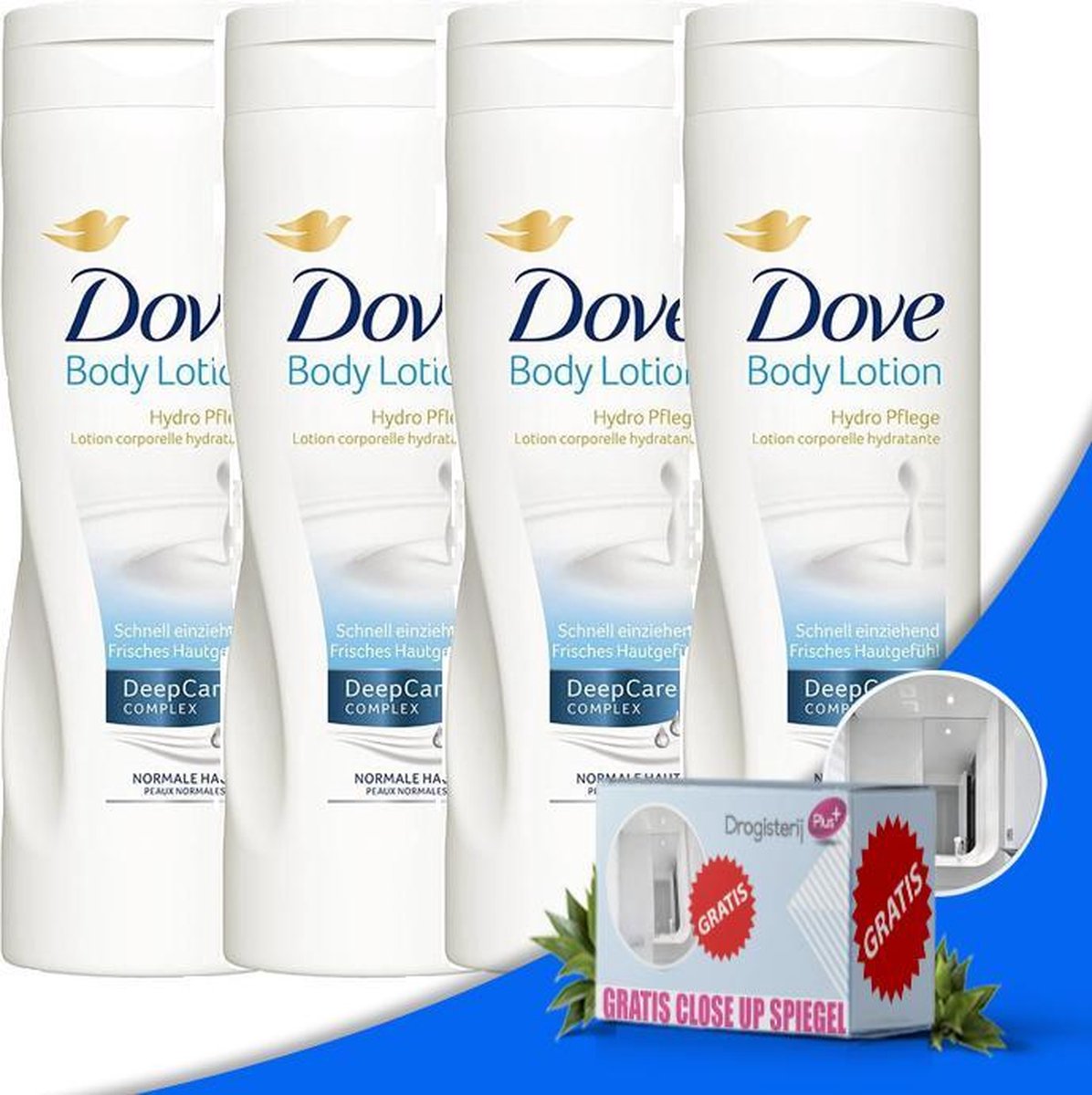 Dove Hydro Pflege Deepcare Complex Body lotion - 4X 400ml + Make-Up Spiegel  | bol.com