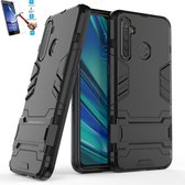 Realme 5 Pro Kickstand Shockproof Zwart Cover Case Hoesje - 1 x Tempered Glass Screenprotector A3TBL