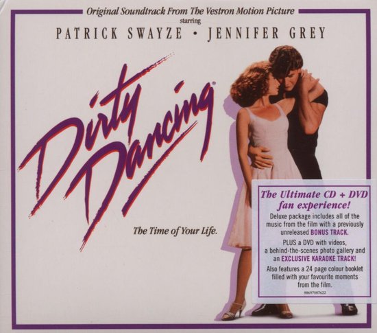 Patrick Swayze en Jennifer Grey omhelzen elkaar op de hoes van de Dirty Dancing soundtrack. De titel 'Dirty Dancing' staat in rode letters.