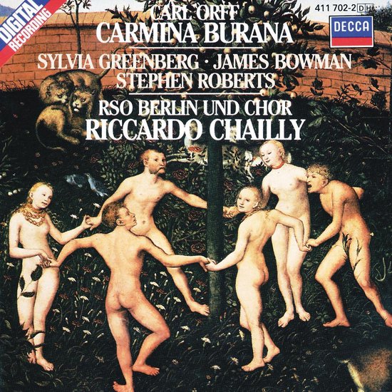 Albumhoes met schildering van blote kinderen die dansen in een bloemrijke omgeving, met "CARL ORFF CARMINA BURANA" bovenaan.