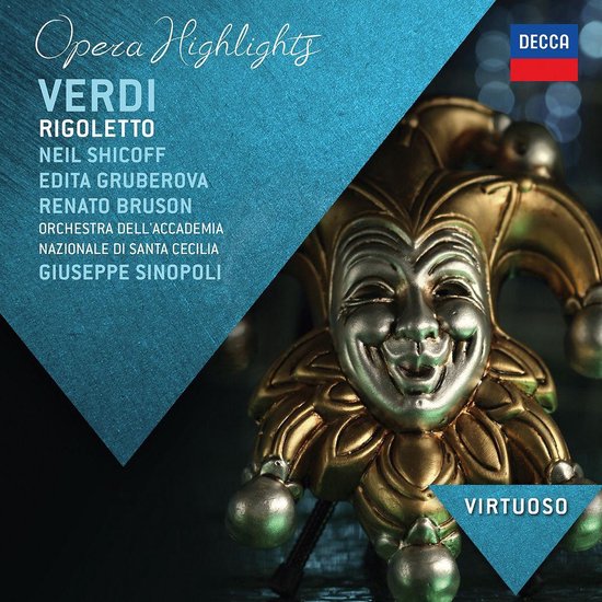 Gouden en zilveren narrenmasker op een blauwe achtergrond voor Verdi's Rigoletto Opera Highlights.