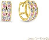 Juwelier Emo - 14 Karaat Gouden Kinderoorbellen Meisje - Dubbele rij Roze Zirkonia stenen - 15 MM