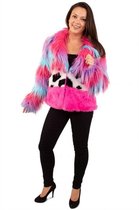 Korte gekleurde bontjas kleuren mix - maat 36-38 S M - fake fur jas nepbont pluche pimp festival