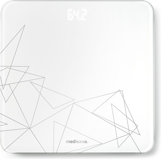 Witte digitale weegschaal met abstract grijs lijnpatroon en nummer 64.2.