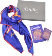 Geschenkset zijden sjaal veren print kobaltblauw + paspoorthoesje + notitieboek + giftbox
