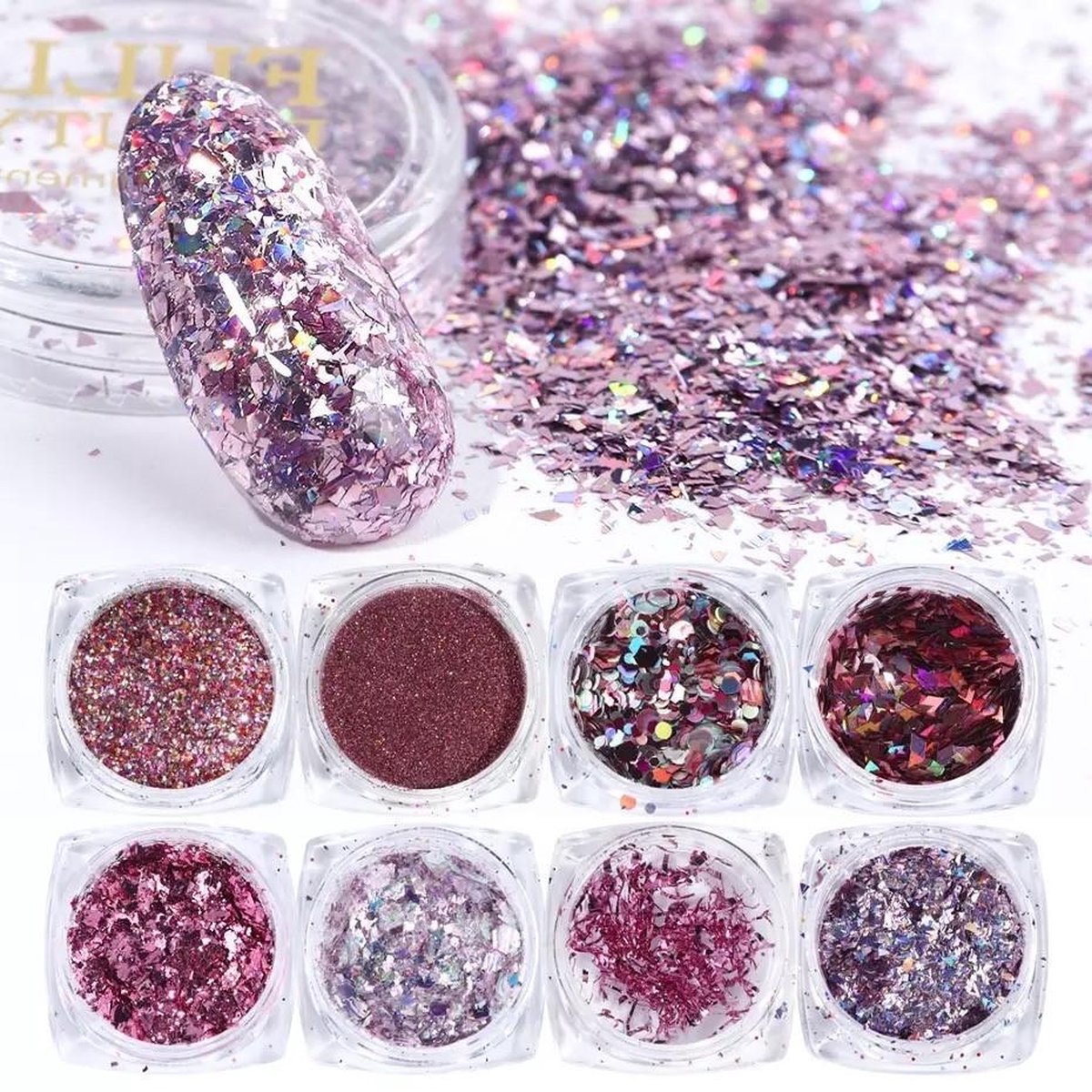 Goedkoopste Glitter Poeder Nail Art Set - 8 Stuks - Rosé / Zilver / Roze / Glinster - Nagel Decoratie Strass