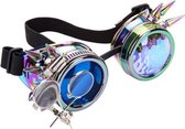 KIMU Goggles Steampunk Bril Met Spikes En Vergrootglas - Oliekleurig Montuur - Caleidoscoop En Blauw Glas - Regenboog Olie Spacebril Space Caleidoscope Festival