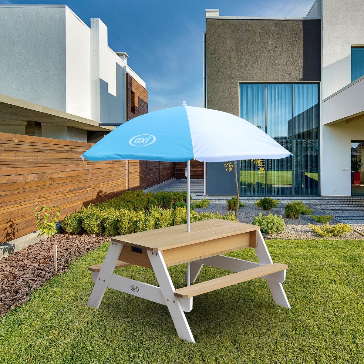 AXI Nick Zand & Water Picknicktafel in Bruin/Wit voor kinderen - Met in hoogte verstelbare Parasol in Blauw/Wit - Multifunctionele Picknick tafel van FSC hout - Picknick tafel voor kinderen van hout — afbeelding 10