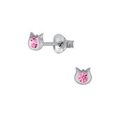 Joy|S - Zilveren petit kat poes oorbellen 3.5 mm kristal roze