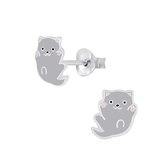 Joy|S - Zilveren kat poes oorbellen 8 mm kitten grijs