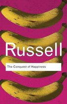 Couverture de livre avec le titre 'The Conquest of Happiness' et quatre bananes sur fond rose.