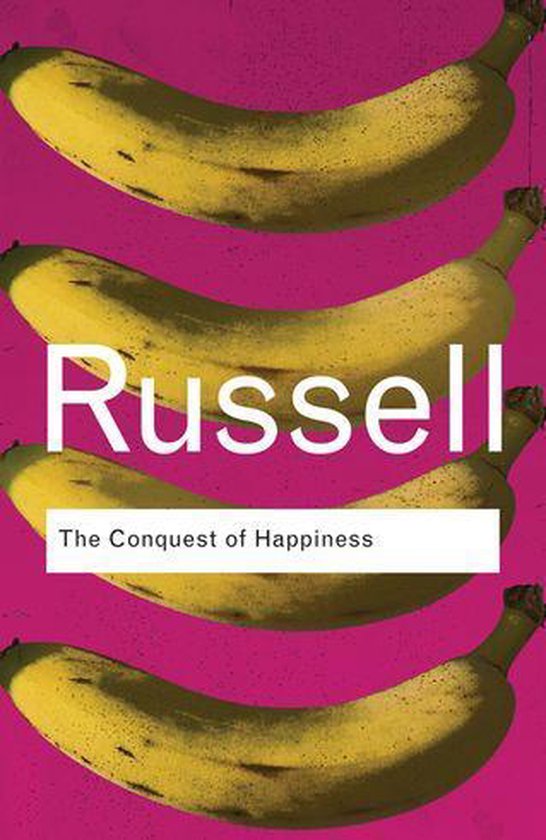 Boekomslag met de titel 'The Conquest of Happiness' en vier bananen op een roze achtergrond.