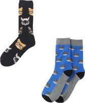 Sokken Heren - blauw / zwart - print kat / katten - 40-46 - 2 paar