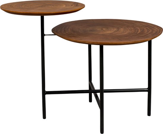 Dutchbone Mathison – Bijzettafel - Salontafel -set van 2 geschakelde tafels - MDF  bladen met houtmotief en stevig metalen onderstel