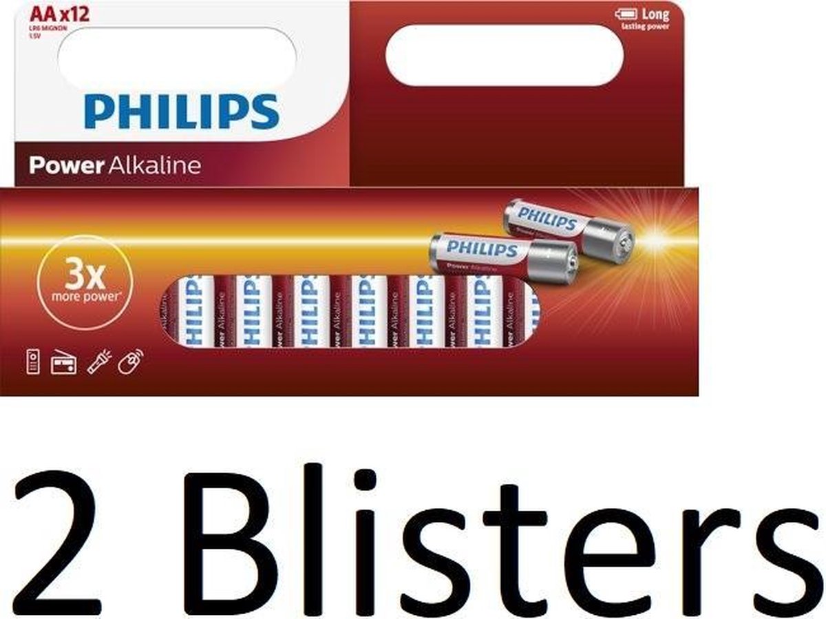24 stuks (2 blisters a 12 st) Philips AA Alkaline Batterijen