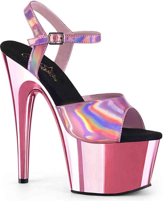 Sandales rose à plateforme et bride de cheville avec un effet scintillant holographique.