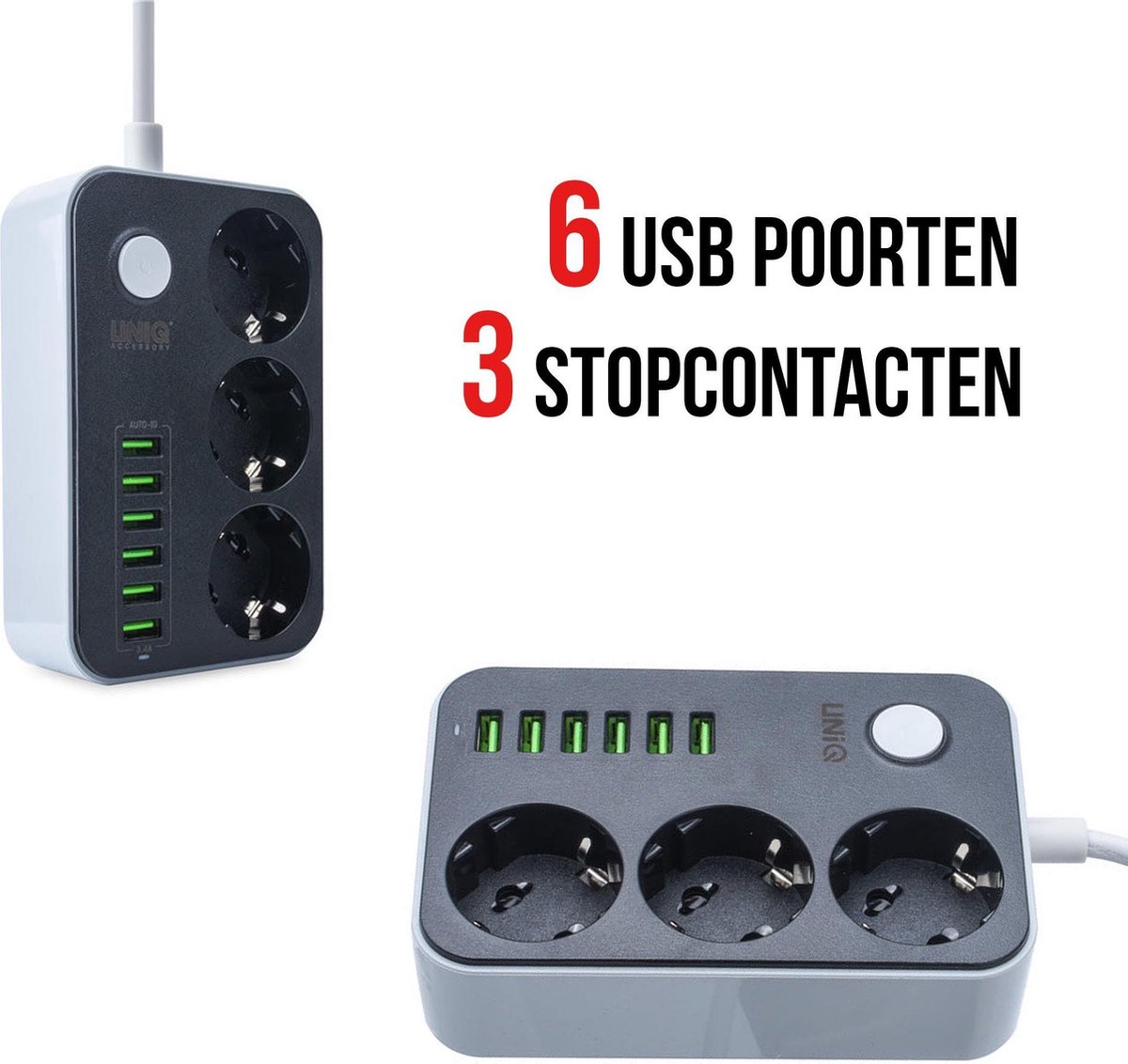 6 USB-poorten, 3 stopcontacten en een snoer van 1,6 meter voor al uw apparaten
