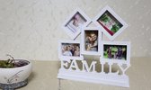 Fotolijst -voor familiefoto's. Met FAMILY-letters als basis en ruimte voor 5 foto's. Elke foto is ongeveer 9x6cm. Wit.