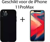Apple iPhone 11 Pro Max Zwart Backcover hoesje Silicone - Soft Touch - Liquid sillicone - Lens Beschermend hoesje - Gratis screenprotector