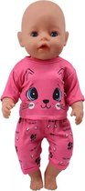 Poppenkleertjes - Geschikt voor Baby Born pop - Roze pyjama set - Kat - Jongen of meisje pop
