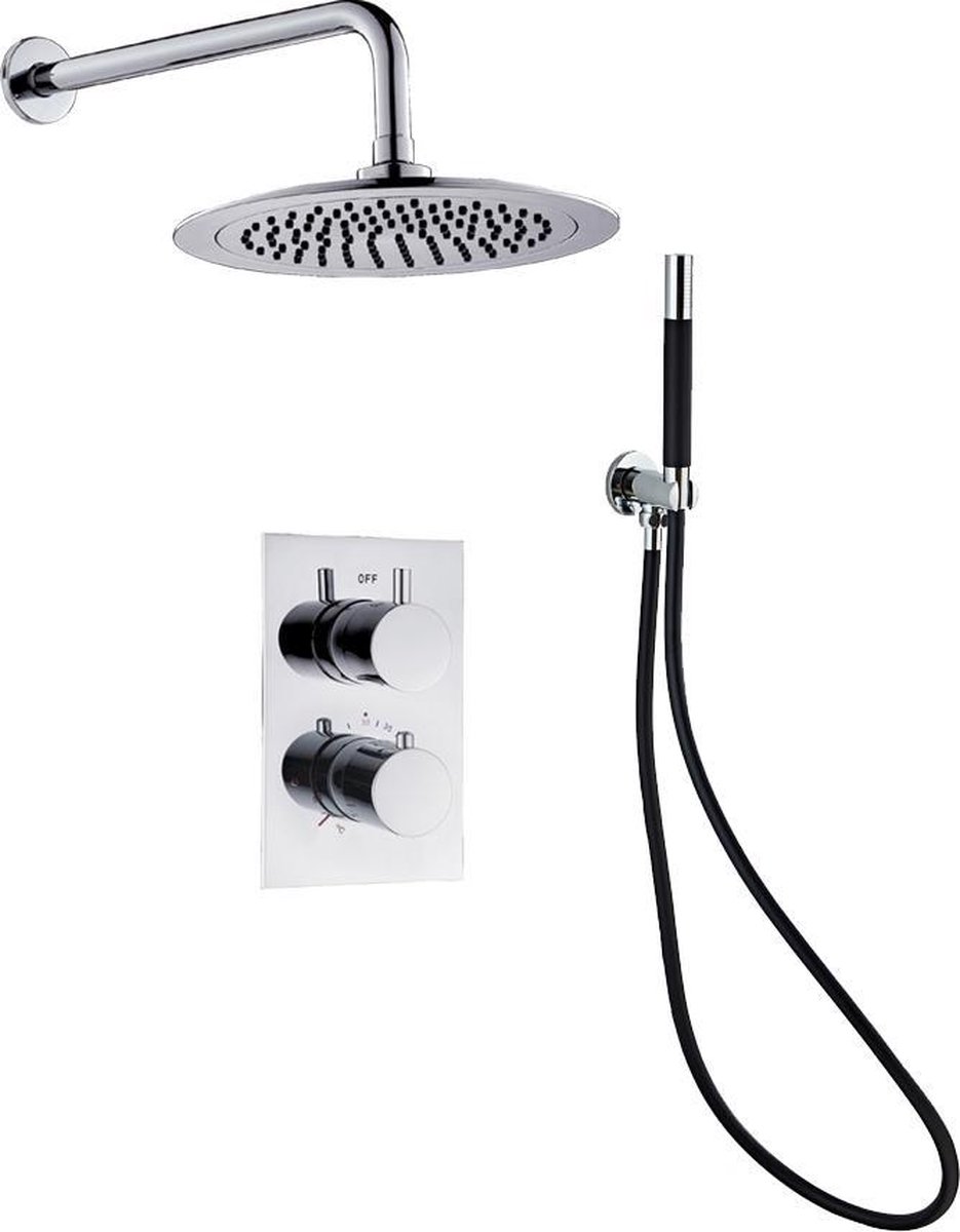 Ced'or complete inbouw regendouche 20 cm met wandarm en staafhanddouche + slang in het zwart Chroom ( inbouw + afbouwdelen )